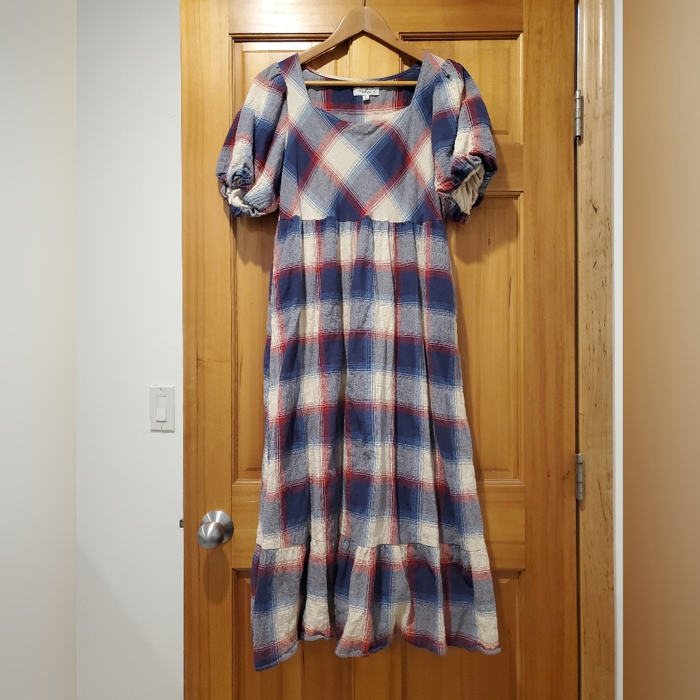 Polagram Plaid Puff Sleeve Dress Size Large